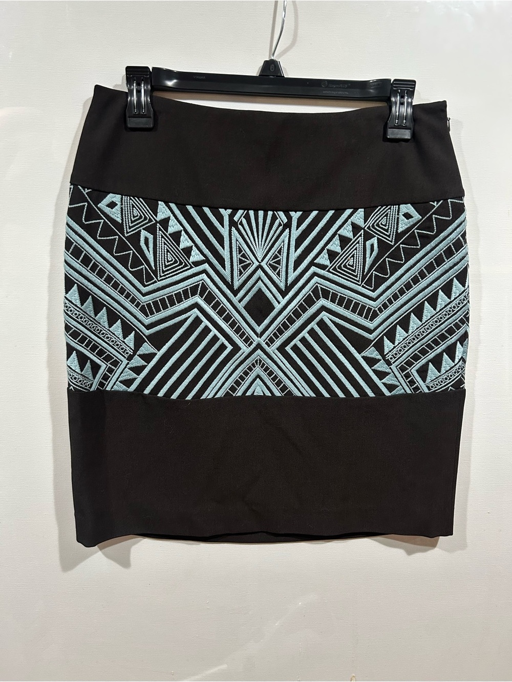 Etcetera Black Pencil Skirt with Blue Geometric Panel